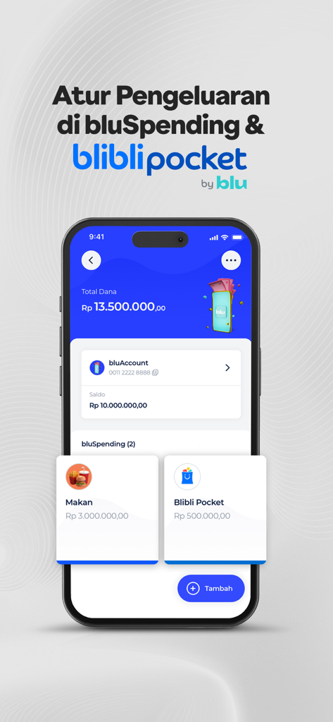 Mobile screen of blu by BCA Digital app showing spending categories and account balance