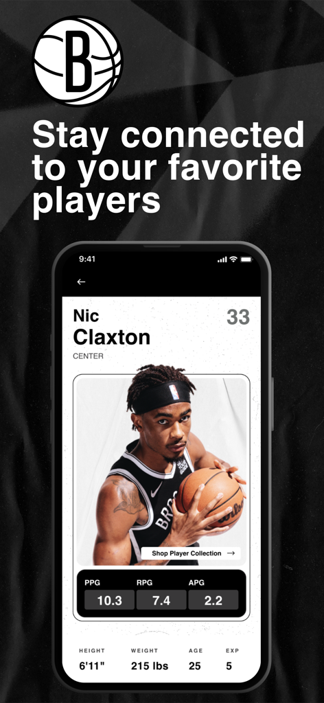 Brooklyn Nets - 브루클린 네츠 모바일 앱이 Nic Claxton 선수 프로필에 통계와 신체적 속성을 표시하고 있습니다.
