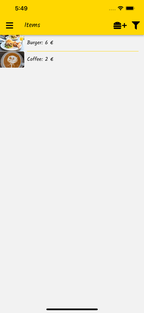 Debes: Who owes me? Do I owe? - Screenshot of the Items list screen in the Debes app showing a burger and a coffee with their respective prices for debt tracking.