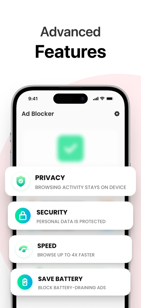 Oberfläche der Ad Blocker App auf dem iPhone, die erweiterte Funktionen für Datenschutz, Sicherheit, Geschwindigkeit und Akkulaufzeit anzeigt