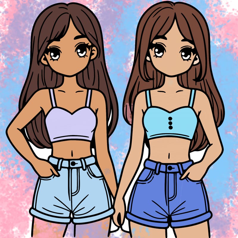 two sisters with crop tops and jean shorts and straight hair