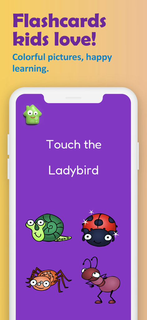 123 Fun FLASHCARDS Games - A toddler educational game screen with insect flashcards and a touch the ladybird prompt