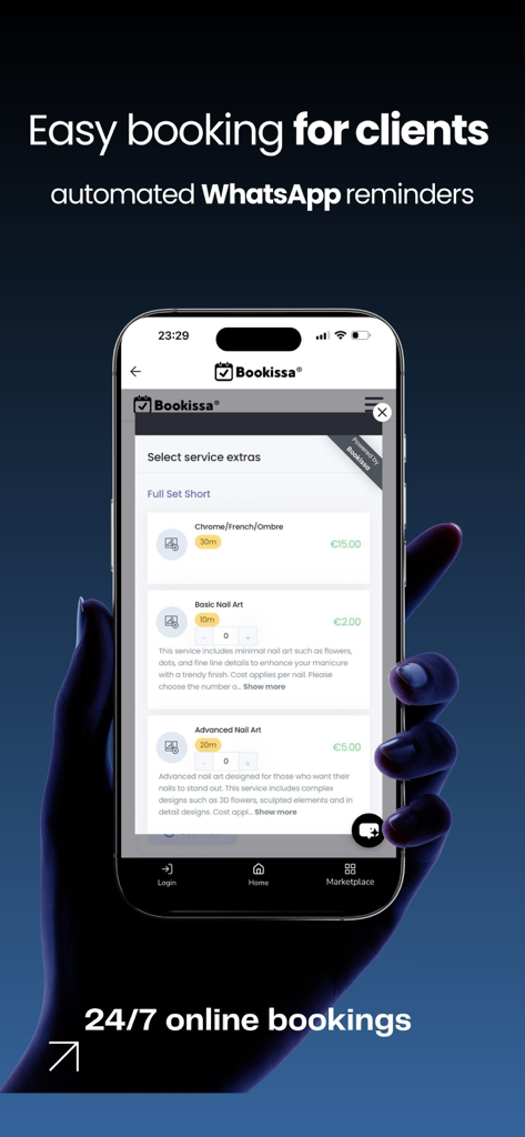 Bookissa - Mobile interface of the Bookissa app showing nail art service options and a 24/7 online booking feature.
