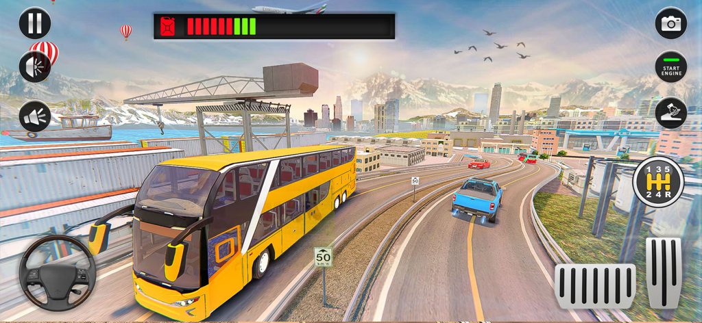 US Public Bus Simulator Driver - Yellow double decker bus driving in a 3D city environment with game controls