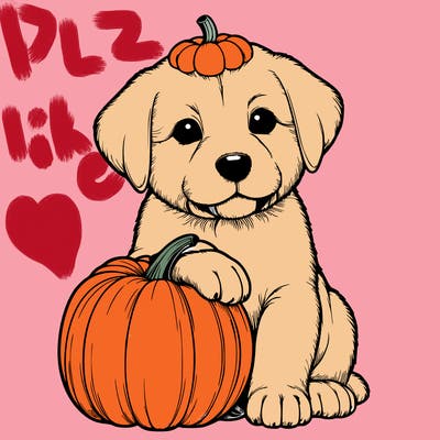 a realistic puppywith a pumpkin on his head
