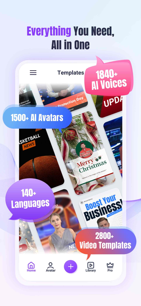 A mobile screen showing Vidnoz AI Video Generator interface with various video templates and feature bubbles for AI avatars and voices