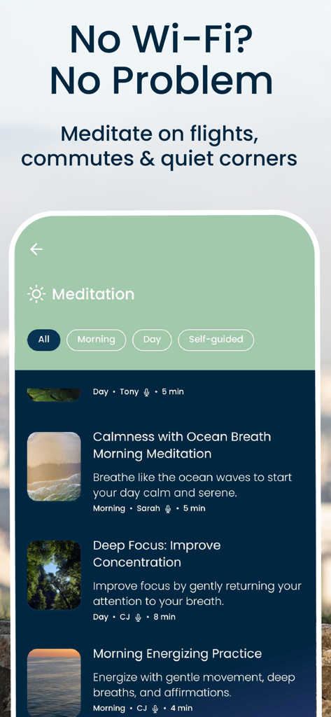 Begin: Meditation & Sleep - Begin app interface showing meditation sessions with offline access feature