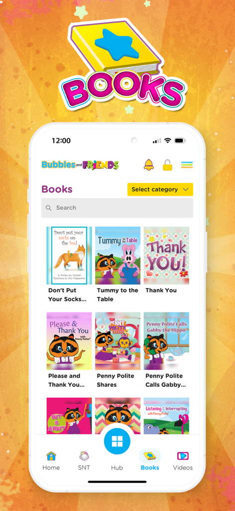 Bubbles & Friends - Digital library of educational children's books featuring various titles and characters in the Bubbles and Friends app