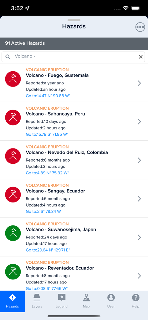 Disaster Alert (PDC Global) - Mobile app screen showing a list of active volcanic eruptions globally with location and update details.