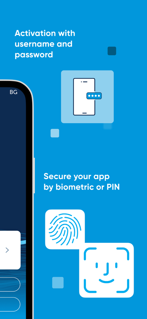 Screenshot of UBB Mobile app showing secure login options via biometrics face and fingerprint recognition or PIN