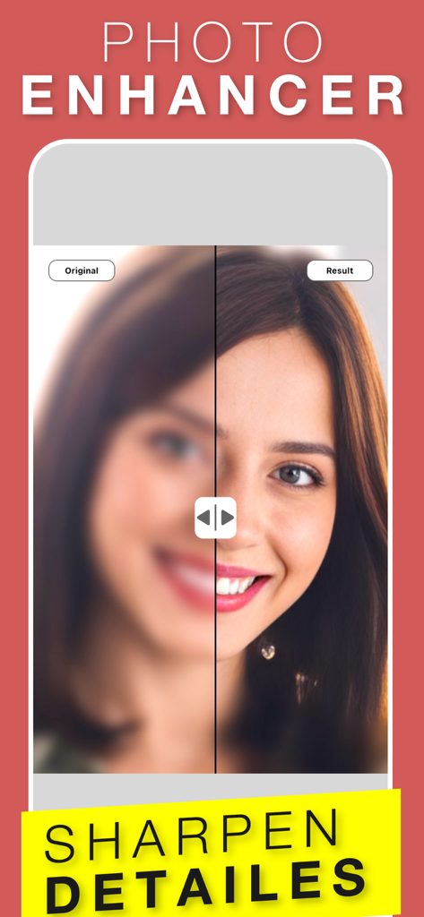 Superimpose+:Background Eraser - Before and after comparison of a blurry portrait sharpened using the photo enhancer tool.