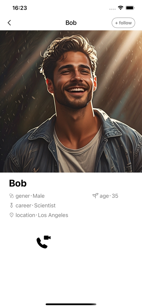 Chattr-Live Video, Chat - User profile screen of Bob on Chattr app showing his photo age 35 location Los Angeles and video call icon