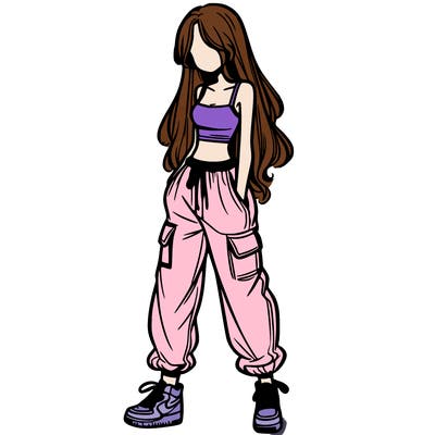 girl in baggy pants crop top and long hair