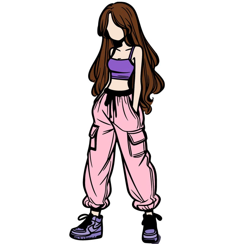 girl in baggy pants crop top and long hair