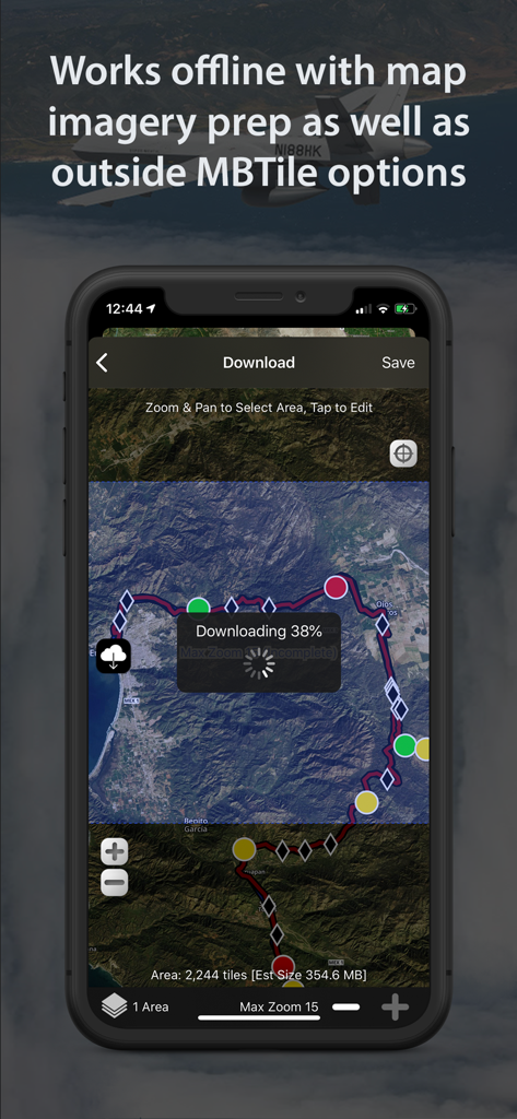 LeadNav GPS app interface downloading offline satellite map imagery for remote navigation