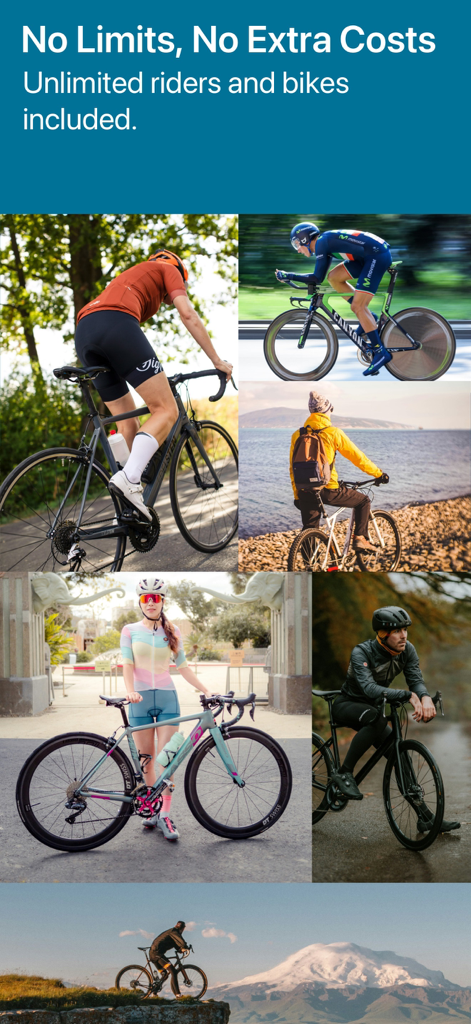 Un collage que muestra diferentes tipos de ciclistas con texto que destaca ciclistas y bicicletas ilimitados en la aplicación Bike Fast Fit Pro.