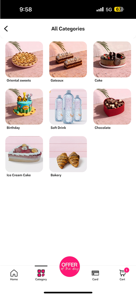 Monginis Bakery - Screen showing food categories in the Monginis Bakery app including oriental sweets, gateaux, cakes, and chocolates.