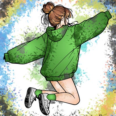 realistic girl jumping with a bun and oversized sweatshirt