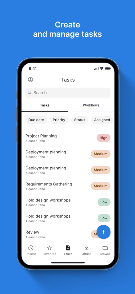 Alfresco Mobile Workspace - Interface of the Alfresco Mobile Workspace app showing a list of enterprise tasks with priority labels like High and Medium.