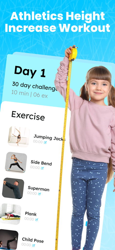 Exibição da tela do aplicativo Crescer Mais Alto mostrando uma rotina de treino diária e uma criança medindo altura