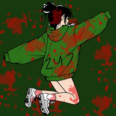 realistic girl jumping with a bun and oversized sweatshirt