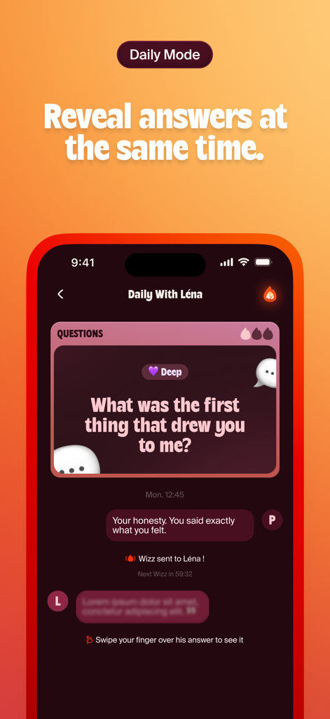 Pantalla del Modo Diario de la aplicación Cray Cray que muestra una pregunta profunda para que las parejas respondan y revelen juntas.