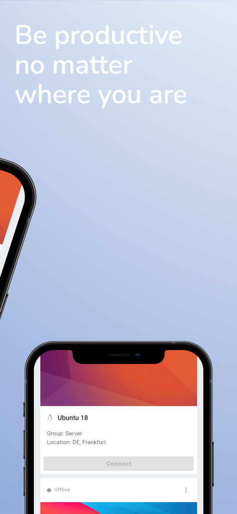 RemSupp - Remote Desktop - App móvil RemSupp mostrando acceso a servidor remoto en un iPhone