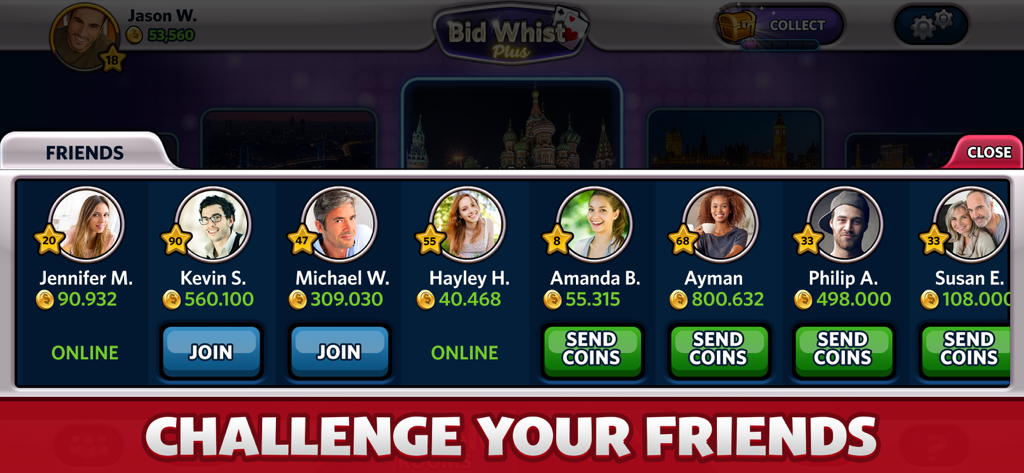 Bid Whist Plus friends list showing online players and options to join or send coins.