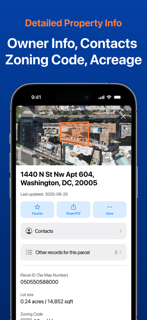 Écran mobile de l'application Carte des Parcelles Cadastrées montrant des informations détaillées sur la propriété, y compris le nom du propriétaire, le code de zonage et la superficie.