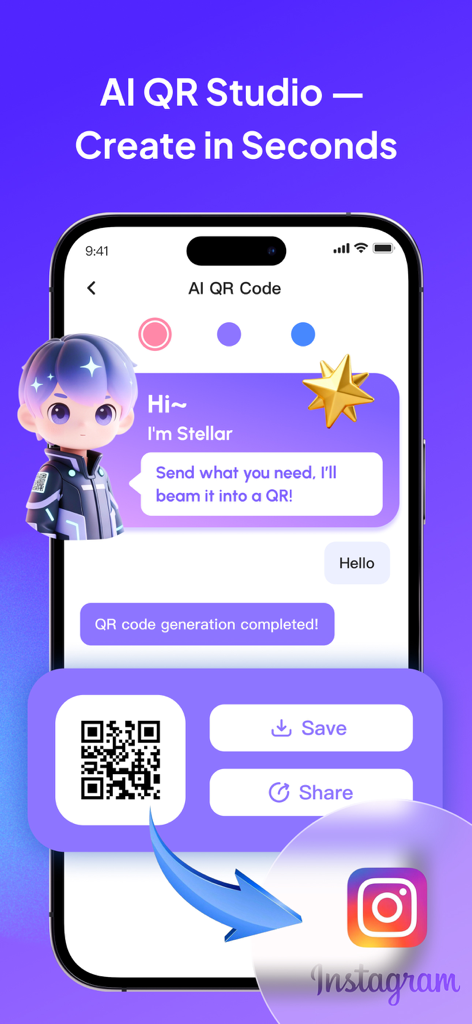 Interfaccia AI QR Studio per creare e condividere codici QR personalizzati sui social media