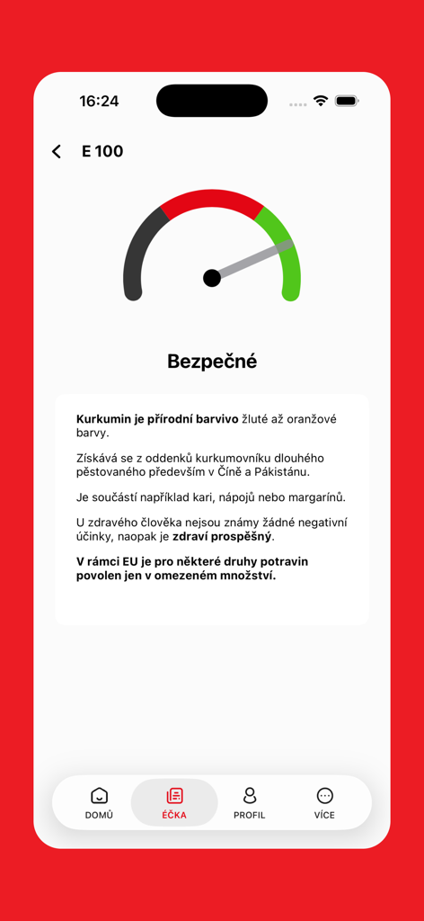 dTest - A mobile app screen showing a safety gauge and information for food additive E 100