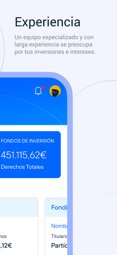 Captura de tela do painel da aplicação móvel Fonditel mostrando um saldo de fundos de investimento de 451.115,62 Euros e uma secção de texto sobre experiência profissional.