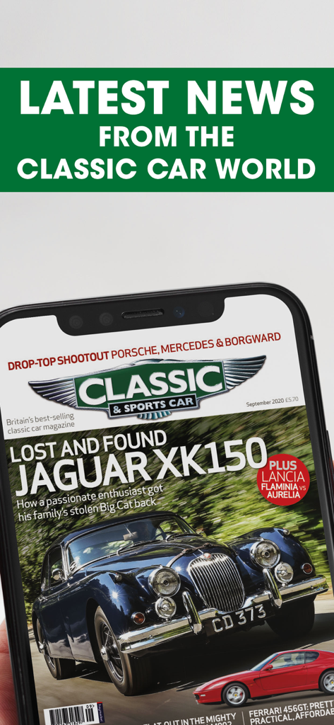 Classic & Sports Car - Smartphone displaying the Classic and Sports Car magazine app showing news and a vintage Jaguar XK150
