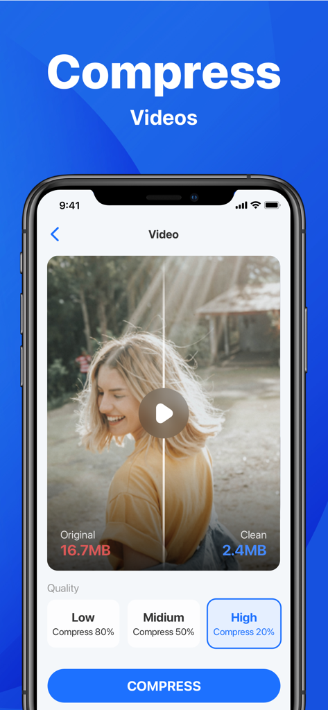 Interfaz de la aplicación Phone Cleaner mostrando la función de compresión de video con comparación de reducción de tamaño de archivo.