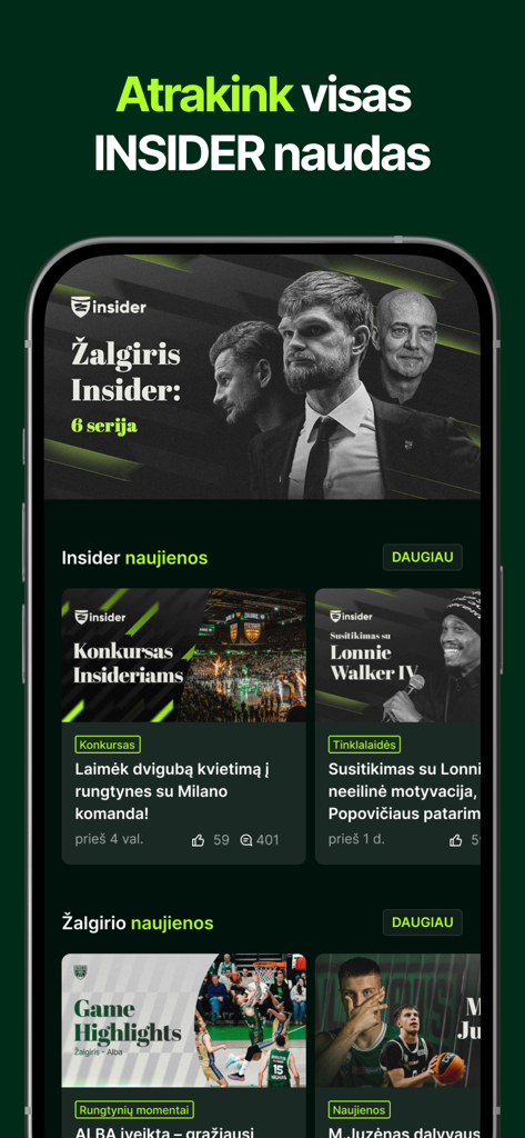 Žalgiris - Zalgiris app interface showing exclusive Insider basketball news and player interviews