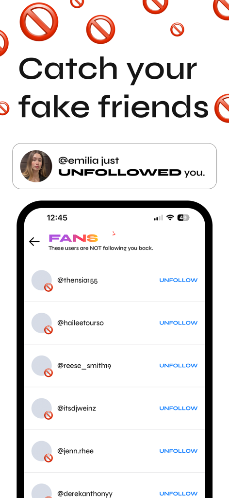 Unfollow Tracker FANS 앱 인터페이스에 인스타그램에서 다시 팔로우하지 않는 사용자 목록 표시