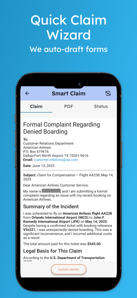 RefundMe AI travel claims - RefundMe app interface showing a drafted formal complaint for airline denied boarding