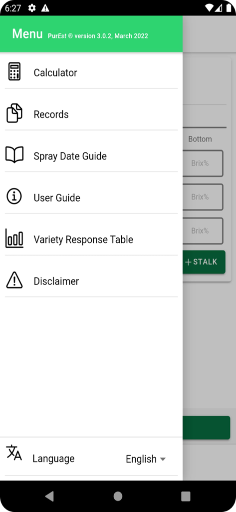 PurEst® - PurEst app main menu showing options for calculator records and sugarcane spray date guide