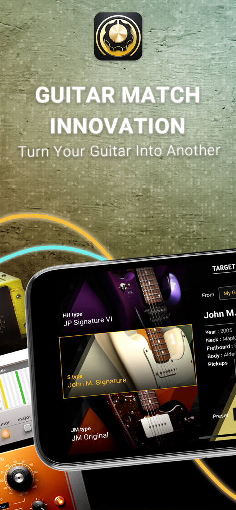 Interfaz de la aplicación móvil BIAS FX 2 que muestra la función Guitar Match con diferentes modelos de guitarras legendarias