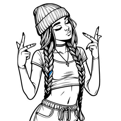 realistic teenage girl with braids and a beanie and crop top doing 🫶🏼