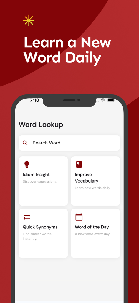 Interfaz de la aplicación Traductor Inglés Suajili que muestra la barra de búsqueda de consulta de palabras y funciones de aprendizaje de idiomas como información de modismos y palabra del día