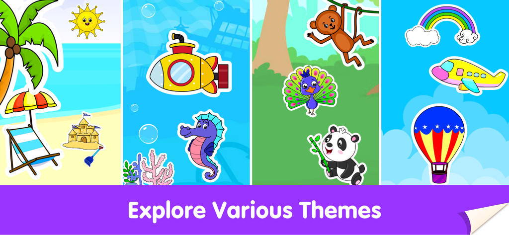 Un collage che mostra diversi temi di giochi di adesivi tra cui spiaggia, sottomarino, giungla e cielo