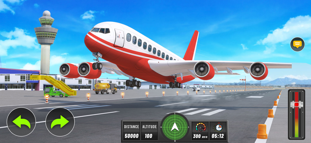 Flight Simulator-Airplane Game - Avión comercial rojo y blanco despegando de la pista de un aeropuerto en un juego simulador de vuelo para móviles.