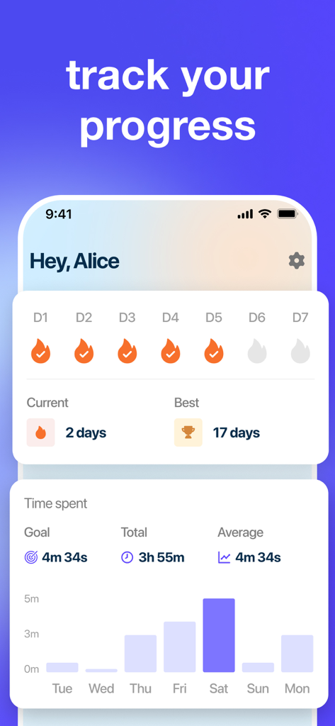 Speals AI - Language Learning - Speals AI App-Fortschrittsverfolgungsbildschirm mit täglichen Serien und wöchentlichen Zeitangaben