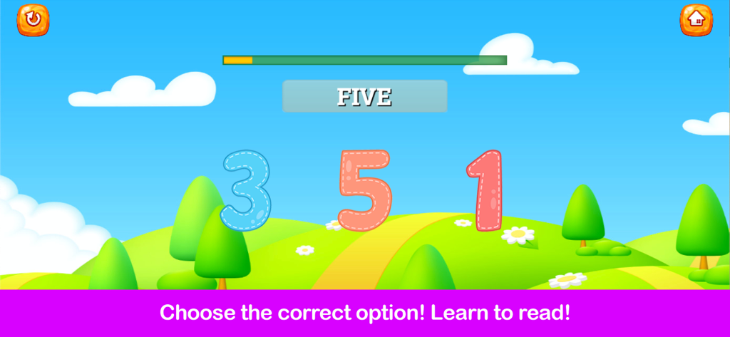Learn Letters & Numbers - A colorful game screen showing the word FIVE and three numeric options for children to choose from in a cartoon landscape