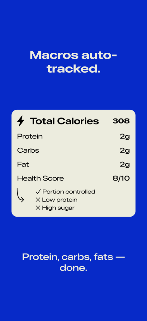 A summary card in the CalSnap app showing auto-tracked calories, protein, carbs, fats, and a health score with nutritional insights.
