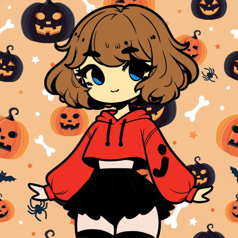 cute femboy with short, fluffy hair that softly frames their face, wearing a cropped hoodie, paired with a flouncy short skirt, and thigh-high stockings