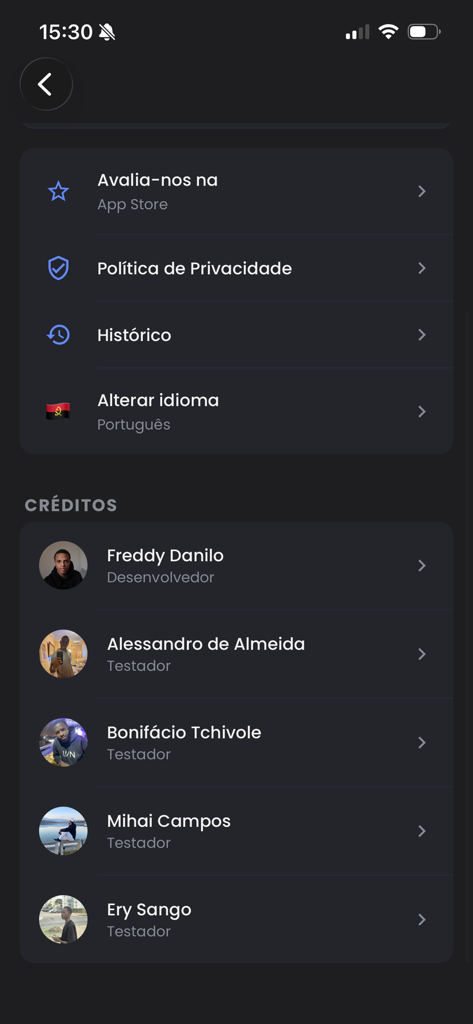 Quotes creator - DudoPost - Settings and credits screen of the DudoPost app listing the developer and testing team.