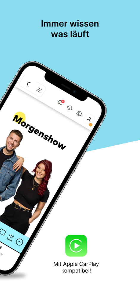 Radio Argovia - Radio Argovia mobile app interface displaying the morning show hosts and Apple CarPlay compatibility icon