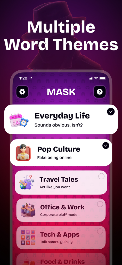 Mr White - Imposter Game: MASK - Captura de pantalla de la aplicación Mr White que muestra múltiples categorías de temas de palabras como Vida Cotidiana y Cultura Pop para la jugabilidad de deducción social.